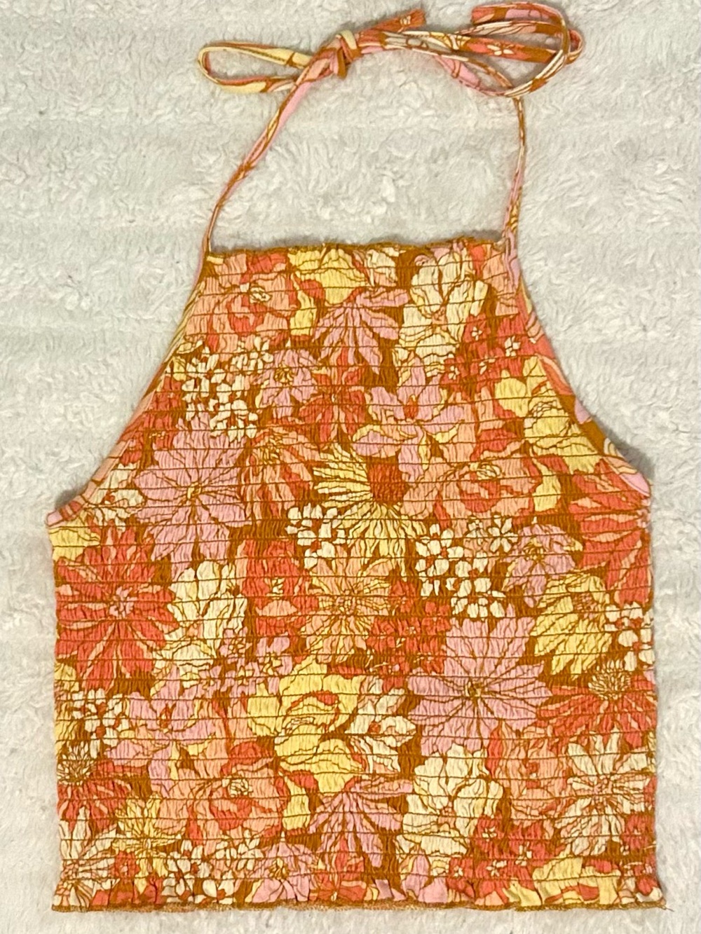 Billabong Floral Halter Crop Top in Coral, Yellow & Pink